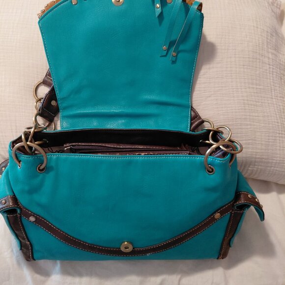 Teal and Brown Two Strap Shoulder Bag - Picture 3 of 10